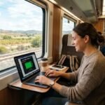Mujer trabajando en su ordenador portátil mientras viaja en un tren.