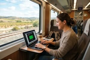 Mujer trabajando en su ordenador portátil mientras viaja en un tren.