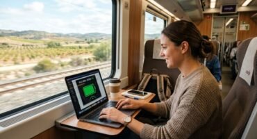 Mujer trabajando en su ordenador portátil mientras viaja en un tren.