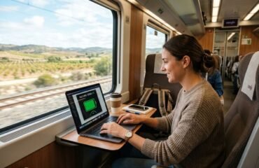 optimizar-bateria-portatil-viaje Mujer trabajando en su ordenador portátil mientras viaja en un tren.