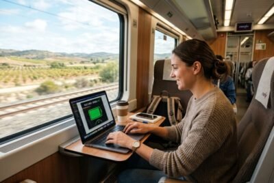 Mujer trabajando en su ordenador portátil mientras viaja en un tren.