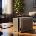Computadora de escritorio compacta en una mesa de café con plantas y una pantalla de televisión de fondo.