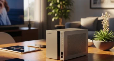 Computadora de escritorio compacta en una mesa de café con plantas y una pantalla de televisión de fondo.