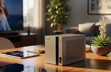 que-es-nas-servidor-almacenamiento-red Computadora de escritorio compacta en una mesa de café con plantas y una pantalla de televisión de fondo.