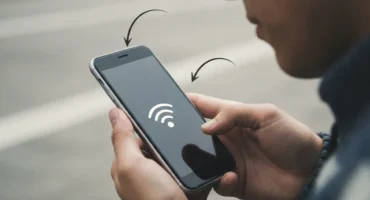 Una persona sostiene un teléfono móvil con el símbolo de señal Wi-Fi en la pantalla.