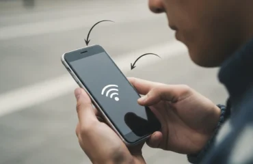 seguridad-wifi-publicas-que-hacer-no-hacer Una persona sostiene un teléfono móvil con el símbolo de señal Wi-Fi en la pantalla.
