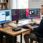 Hombre trabajando en su escritorio con tres monitores y tres PCs conectados mediante un switch KVM, con un teclado y ratón