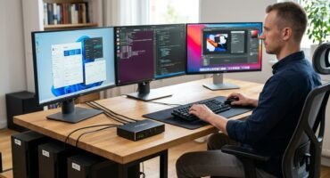 Hombre trabajando en su escritorio con tres monitores y tres PCs conectados mediante un switch KVM, con un teclado y ratón