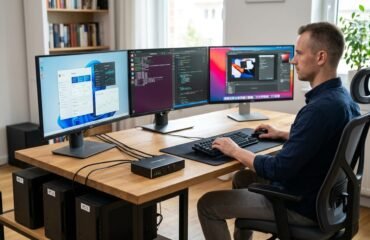 Hombre trabajando en su escritorio con tres monitores y tres PCs conectados mediante un switch KVM, con un teclado y ratón