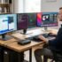 Hombre trabajando en su escritorio con tres monitores y tres PCs conectados mediante un switch KVM, con un teclado y ratón