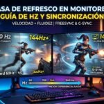 Imagen comparativa que ilustra las ventajas de las altas tasas de refresco y la sincronización adaptativa en monitores de juego, comparando una pantalla de 60Hz con desenfoque e interrupciones con una pantalla de 144Hz+ suave y nítida.