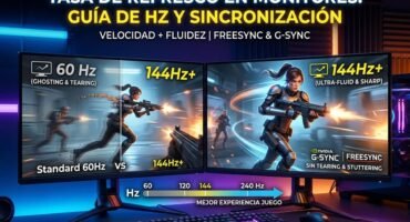 Imagen comparativa que ilustra las ventajas de las altas tasas de refresco y la sincronización adaptativa en monitores de juego, comparando una pantalla de 60Hz con desenfoque e interrupciones con una pantalla de 144Hz+ suave y nítida.