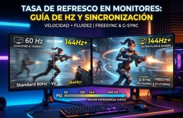 tasa-refresco-monitores-hz-sincronizacion Imagen comparativa que ilustra las ventajas de las altas tasas de refresco y la sincronización adaptativa en monitores de juego, comparando una pantalla de 60Hz con desenfoque e interrupciones con una pantalla de 144Hz+ suave y nítida.