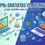 Infografía sobre VPNs gratuitas y de pago. Se ven dos portátiles con un candado en las pantallas y una balanza.