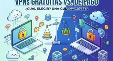 Infografía sobre VPNs gratuitas y de pago. Se ven dos portátiles con un candado en las pantallas y una balanza.