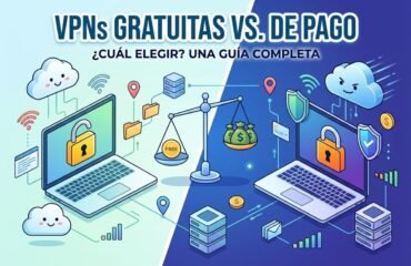 vpn-gratuita-vs-pago-para-viajar Infografía sobre VPNs gratuitas y de pago. Se ven dos portátiles con un candado en las pantallas y una balanza.