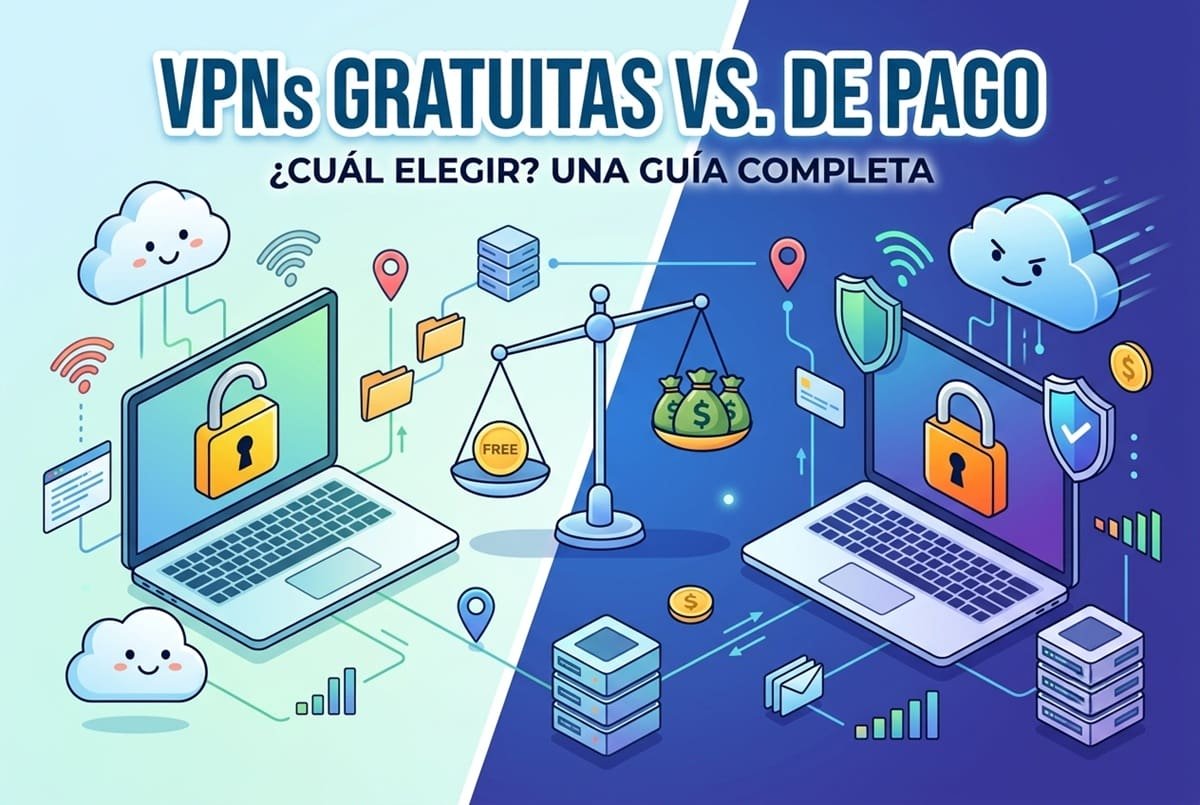 vpn-gratuita-vs-pago-para-viajar Infografía sobre VPNs gratuitas y de pago. Se ven dos portátiles con un candado en las pantallas y una balanza.