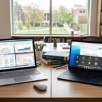 Dos ordendores portátiles sobre una mesa, uno con Windows 11 y otro con Chrome OS