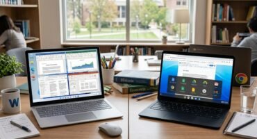 Dos ordendores portátiles sobre una mesa, uno con Windows 11 y otro con Chrome OS