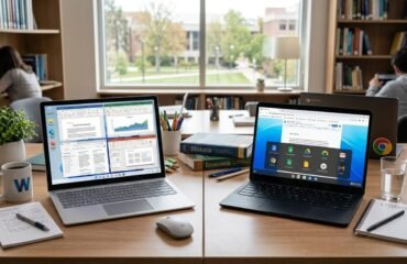 windows-vs-chromeos-sistema-operativo-estudiar Dos ordendores portátiles sobre una mesa, uno con Windows 11 y otro con Chrome OS
