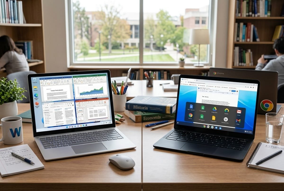 windows-vs-chromeos-sistema-operativo-estudiar Dos ordendores portátiles sobre una mesa, uno con Windows 11 y otro con Chrome OS