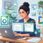 Ilustración moderna de una persona trabajando en un portátil rodeada de iconos flotantes de software de ofimática, hojas de cálculo, documentos y gráficos.