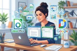 Ilustración moderna de una persona trabajando en un portátil rodeada de iconos flotantes de software de ofimática, hojas de cálculo, documentos y gráficos.