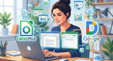 Ilustración moderna de una persona trabajando en un portátil rodeada de iconos flotantes de software de ofimática, hojas de cálculo, documentos y gráficos.