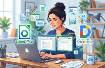 alternativas-gratuitas-office-libreoffice-google-docs Ilustración moderna de una persona trabajando en un portátil rodeada de iconos flotantes de software de ofimática, hojas de cálculo, documentos y gráficos.