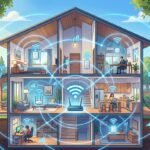 Ilustración en vista transversal de una casa de varios pisos mostrando la distribución de señal Wi-Fi mediante un router central, repetidores de pared y nodos Mesh.