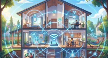 Ilustración en vista transversal de una casa de varios pisos mostrando la distribución de señal Wi-Fi mediante un router central, repetidores de pared y nodos Mesh.