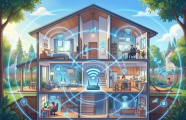 Ilustración en vista transversal de una casa de varios pisos mostrando la distribución de señal Wi-Fi mediante un router central, repetidores de pared y nodos Mesh.