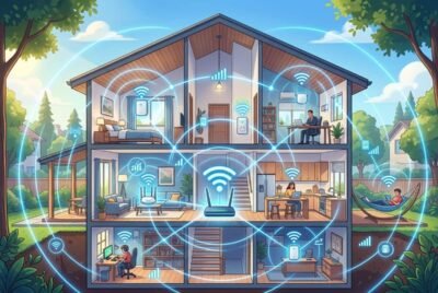 Ilustración en vista transversal de una casa de varios pisos mostrando la distribución de señal Wi-Fi mediante un router central, repetidores de pared y nodos Mesh.
