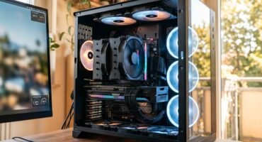 Torre de PC de escritorio con panel de vidrio templado que muestra componentes internos, un gran disipador de CPU y varios ventiladores con iluminación RGB en tonos azules y naranjas. El equipo está sobre un escritorio de madera junto a una ventana iluminada por la luz natural del verano.