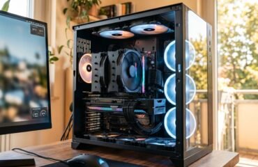 como-mejorar-refrigeracion-pc-verano Torre de PC de escritorio con panel de vidrio templado que muestra componentes internos, un gran disipador de CPU y varios ventiladores con iluminación RGB en tonos azules y naranjas. El equipo está sobre un escritorio de madera junto a una ventana iluminada por la luz natural del verano.