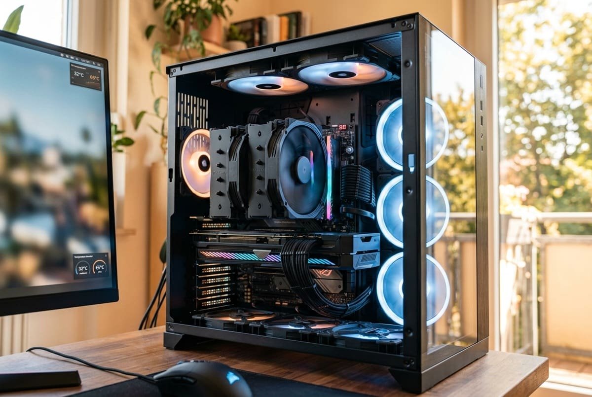 como-mejorar-refrigeracion-pc-verano Torre de PC de escritorio con panel de vidrio templado que muestra componentes internos, un gran disipador de CPU y varios ventiladores con iluminación RGB en tonos azules y naranjas. El equipo está sobre un escritorio de madera junto a una ventana iluminada por la luz natural del verano.