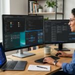 Mujer trabajando en un escritorio con un ordenador portatil y dos pantallas en Windows 11