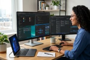Mujer trabajando en un escritorio con un ordenador portatil y dos pantallas en Windows 11