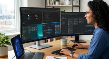 Mujer trabajando en un escritorio con un ordenador portatil y dos pantallas en Windows 11
