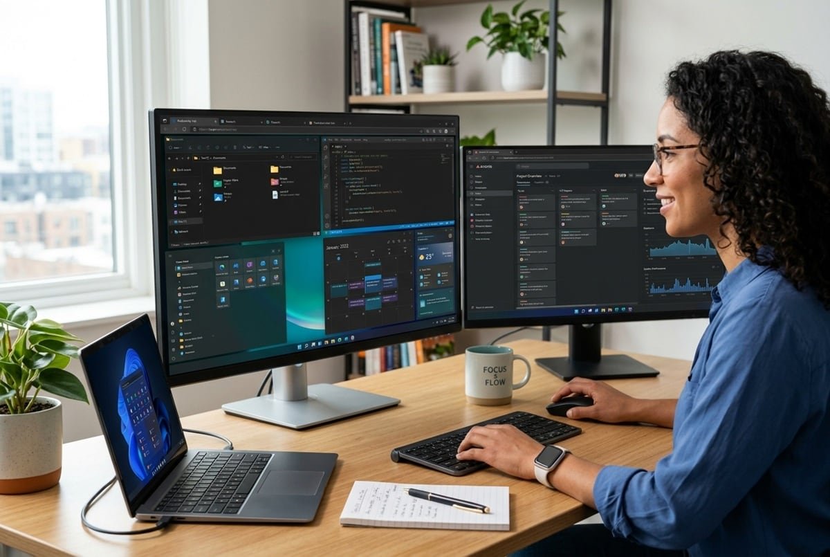 configuraciones-windows-mejoran-productividad Mujer trabajando en un escritorio con un ordenador portatil y dos pantallas en Windows 11