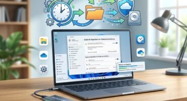 Portada de artículo que muestra una laptop sobre un escritorio de madera con la pantalla de configuración de copias de seguridad de Windows 11. Sobre el equipo flotan ilustraciones de un reloj con flechas de sincronización, una carpeta de archivos y un escudo de seguridad con un disco duro. En primer plano se aprecia un disco SSD externo conectado por cable USB-C realizando un respaldo.