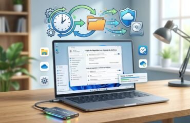 Portada de artículo que muestra una laptop sobre un escritorio de madera con la pantalla de configuración de copias de seguridad de Windows 11. Sobre el equipo flotan ilustraciones de un reloj con flechas de sincronización, una carpeta de archivos y un escudo de seguridad con un disco duro. En primer plano se aprecia un disco SSD externo conectado por cable USB-C realizando un respaldo.
