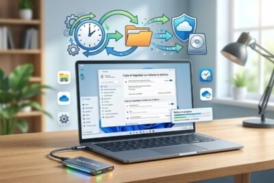 Portada de artículo que muestra una laptop sobre un escritorio de madera con la pantalla de configuración de copias de seguridad de Windows 11. Sobre el equipo flotan ilustraciones de un reloj con flechas de sincronización, una carpeta de archivos y un escudo de seguridad con un disco duro. En primer plano se aprecia un disco SSD externo conectado por cable USB-C realizando un respaldo.
