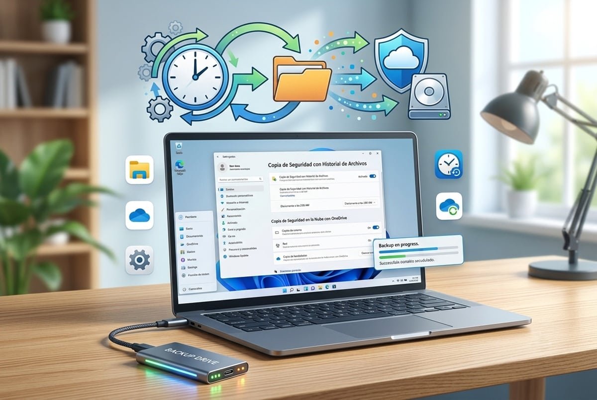 copias-seguridad-automaticas-windows-11 Portada de artículo que muestra una laptop sobre un escritorio de madera con la pantalla de configuración de copias de seguridad de Windows 11. Sobre el equipo flotan ilustraciones de un reloj con flechas de sincronización, una carpeta de archivos y un escudo de seguridad con un disco duro. En primer plano se aprecia un disco SSD externo conectado por cable USB-C realizando un respaldo.
