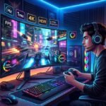 Ilustración de un setup de pc gaming en una habitación con iluminación LED donde un joven juega frente a un monitor curvo con elementos flotantes que representan especificaciones técnicas como tasa de refresco, tiempo de respuesta y resolución.