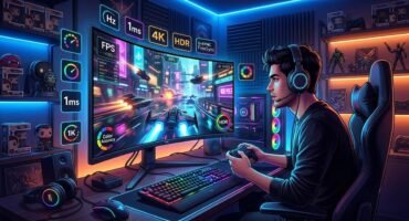 Ilustración de un setup de pc gaming en una habitación con iluminación LED donde un joven juega frente a un monitor curvo con elementos flotantes que representan especificaciones técnicas como tasa de refresco, tiempo de respuesta y resolución.