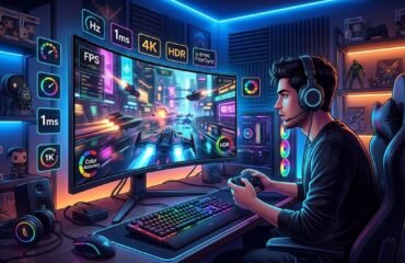 Ilustración de un setup de pc gaming en una habitación con iluminación LED donde un joven juega frente a un monitor curvo con elementos flotantes que representan especificaciones técnicas como tasa de refresco, tiempo de respuesta y resolución.