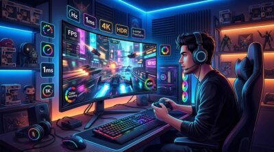 Ilustración de un setup de pc gaming en una habitación con iluminación LED donde un joven juega frente a un monitor curvo con elementos flotantes que representan especificaciones técnicas como tasa de refresco, tiempo de respuesta y resolución.