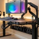 Un escritorio de computadora minimalista y ordenado, visto desde abajo, que muestra una gestión de cables impecable utilizando canaletas, clips y organizadores debajo de la mesa, con iluminación LED suave.