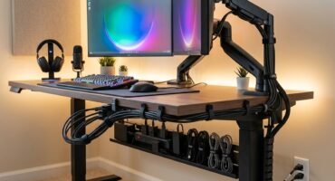 Un escritorio de computadora minimalista y ordenado, visto desde abajo, que muestra una gestión de cables impecable utilizando canaletas, clips y organizadores debajo de la mesa, con iluminación LED suave.
